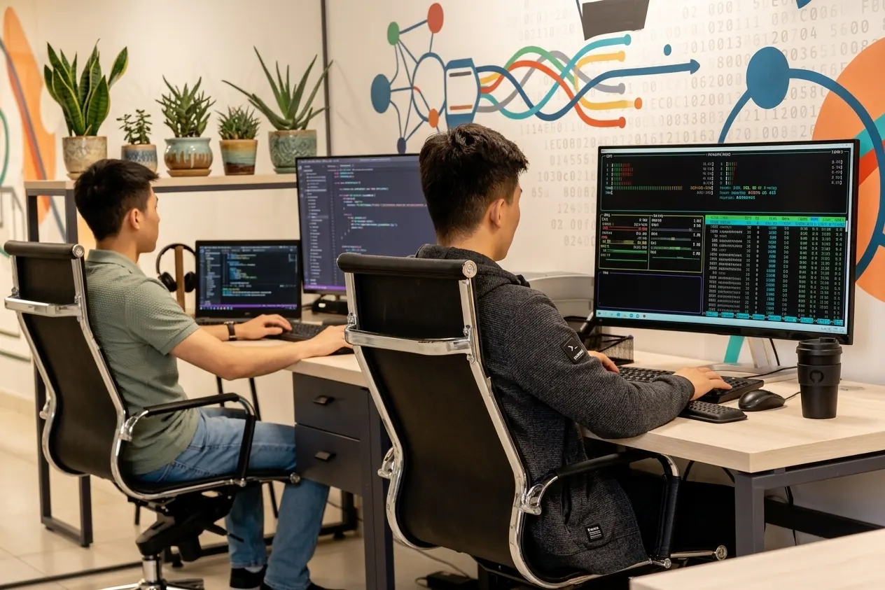 Equipo de desarrollo trabajando en pantallas de código