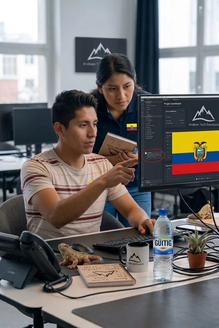 Equipo revisando un dashboard con la bandera de Ecuador