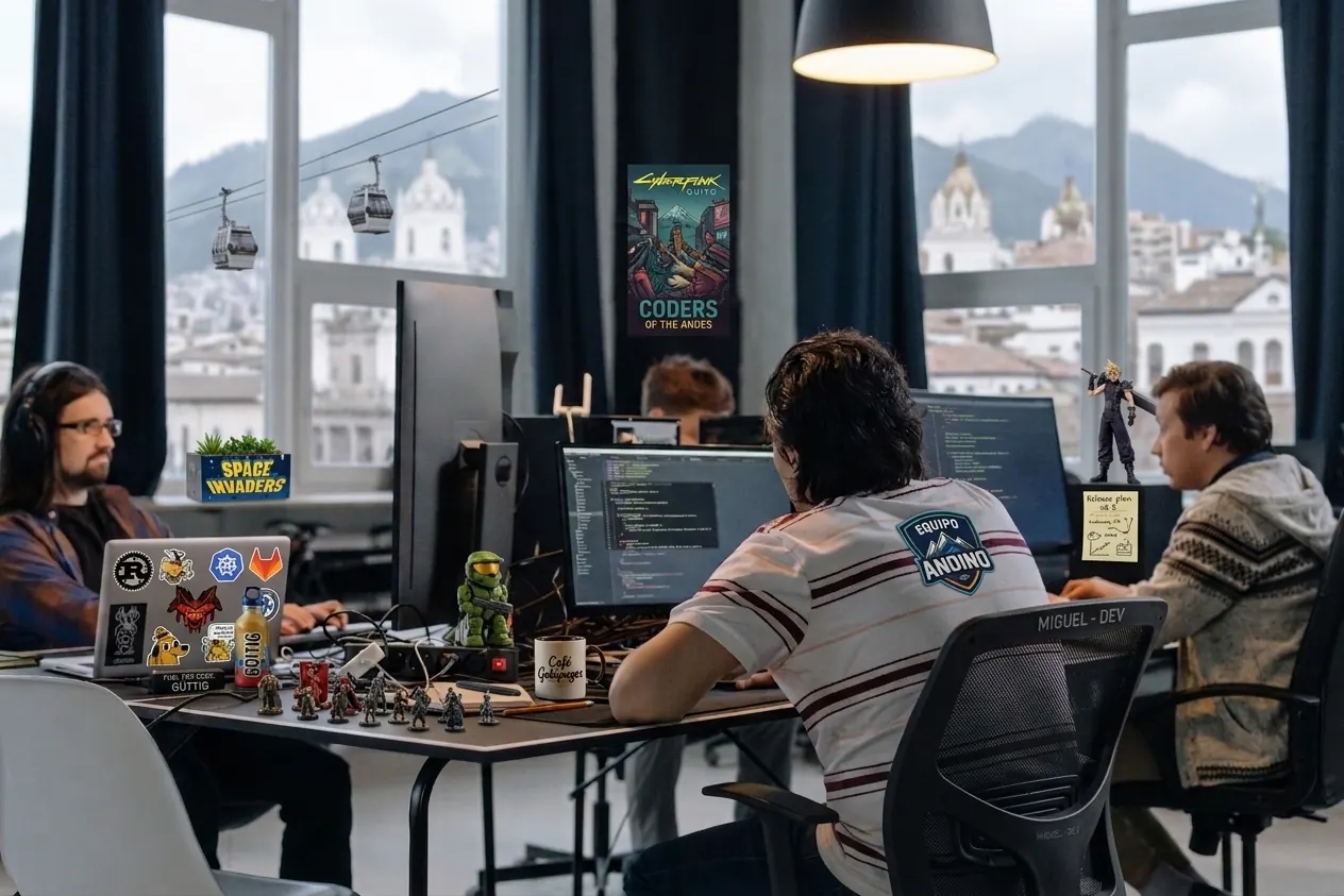 Equipo de desarrollo trabajando, con vista a Quito